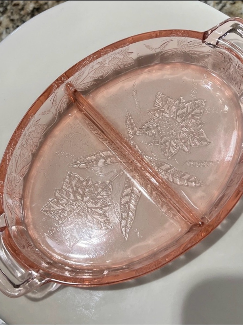 Vintage Jeannette Pink Depression Glass Poinsettia Divided Relish Dish